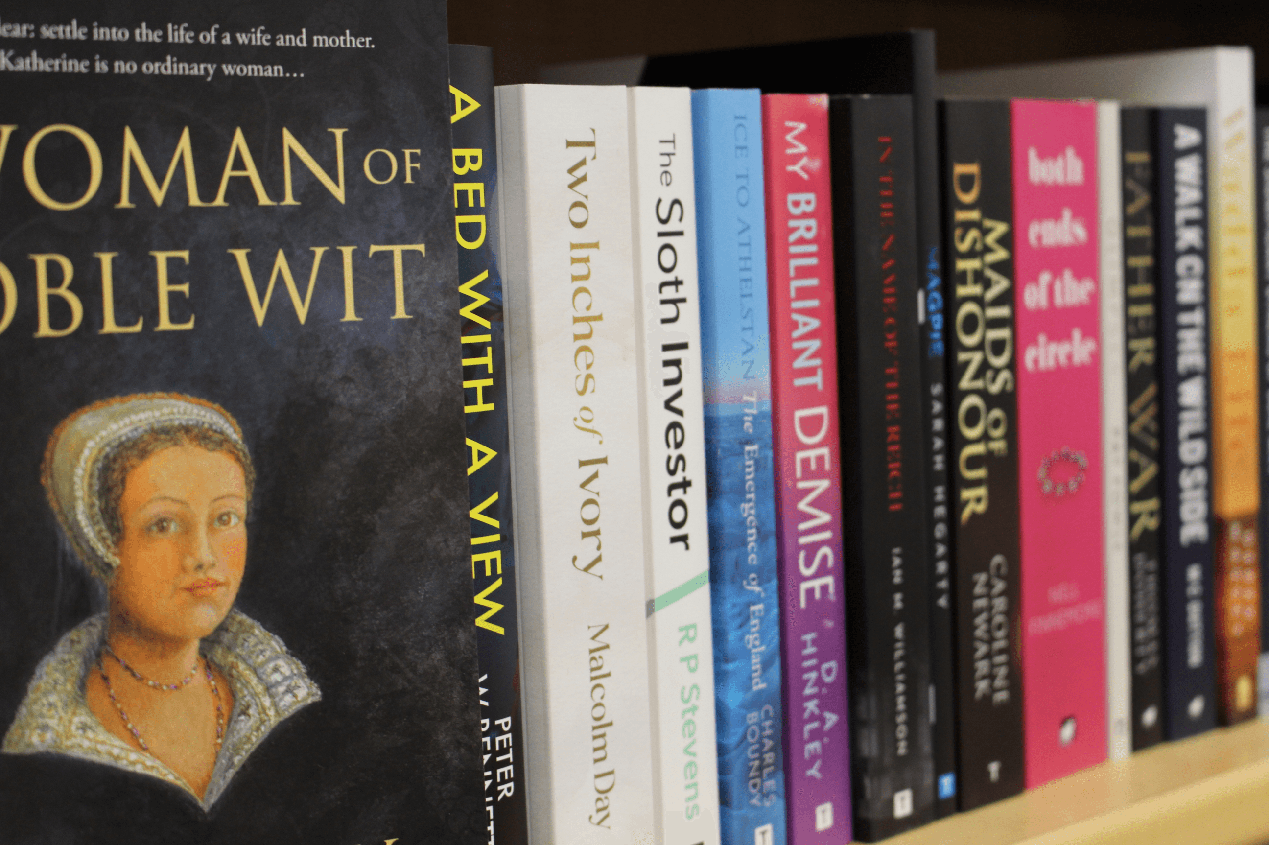 A row of professionally designed book covers on a shelf